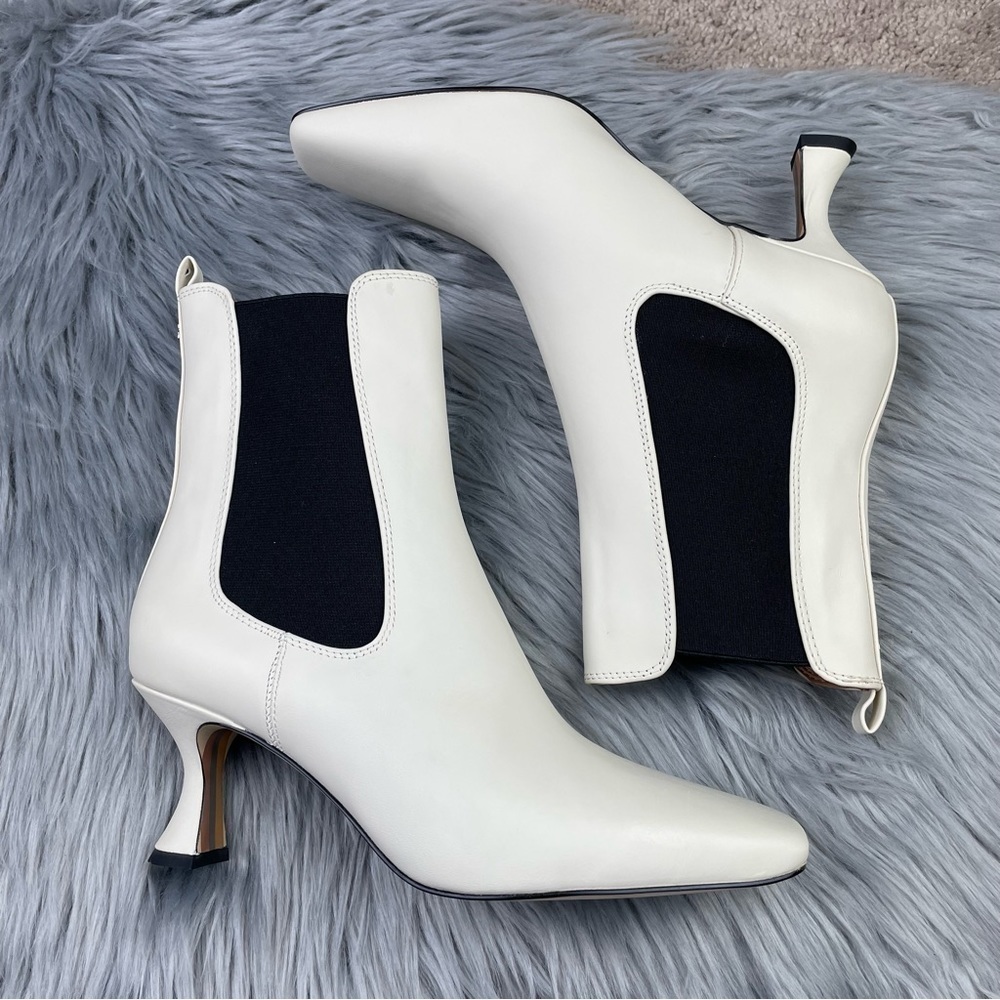 New Sam Edelman Lani Square Toe Chelsea Kitten Heel Boots in Ivory Leather - Picture 4 of 8